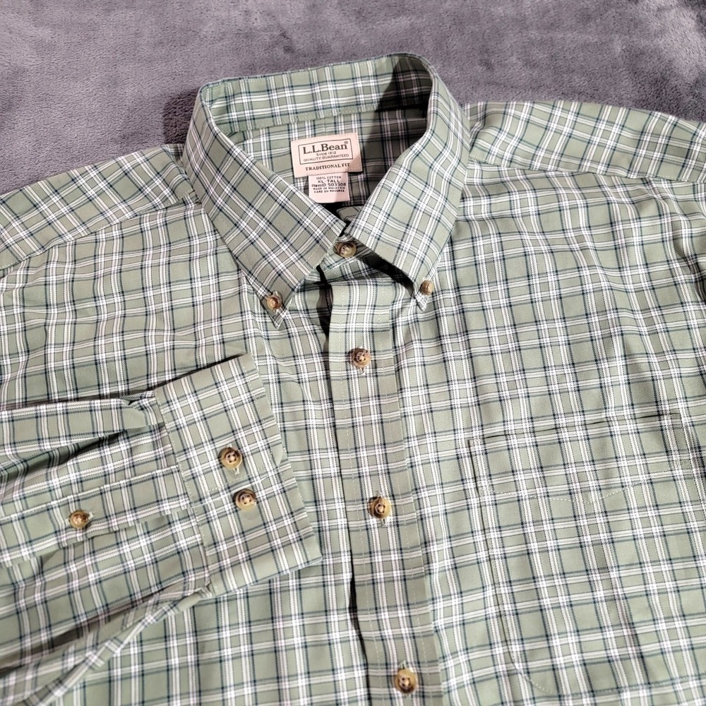 LL Bean Plaid Button Down Shirt XLT Tall Traditional Fit Cotton Green 503308